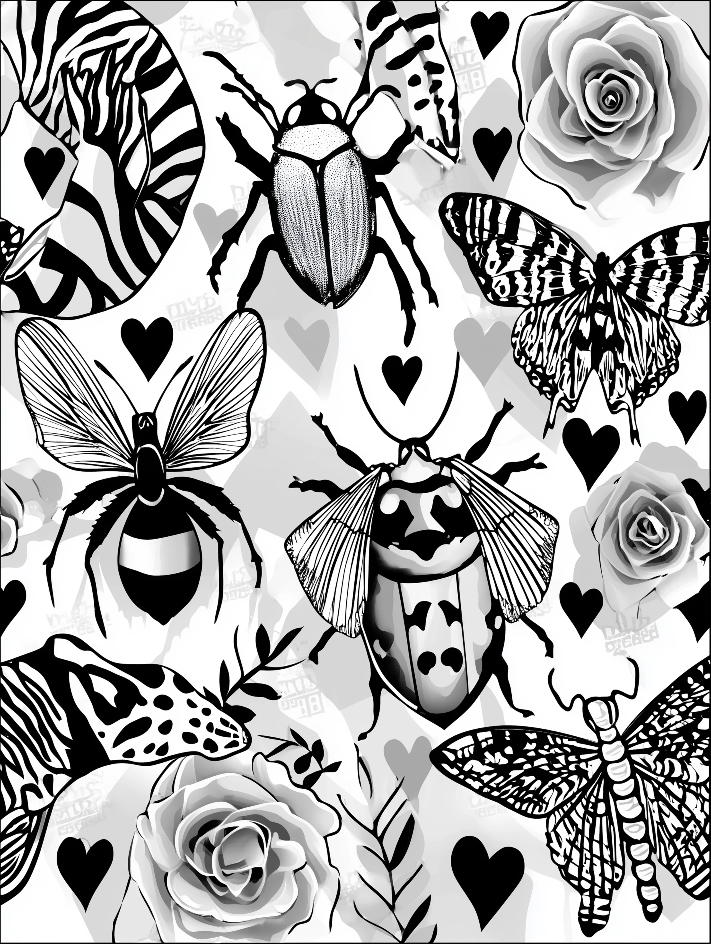Free printable insect coloring page for adults featuring many insects together